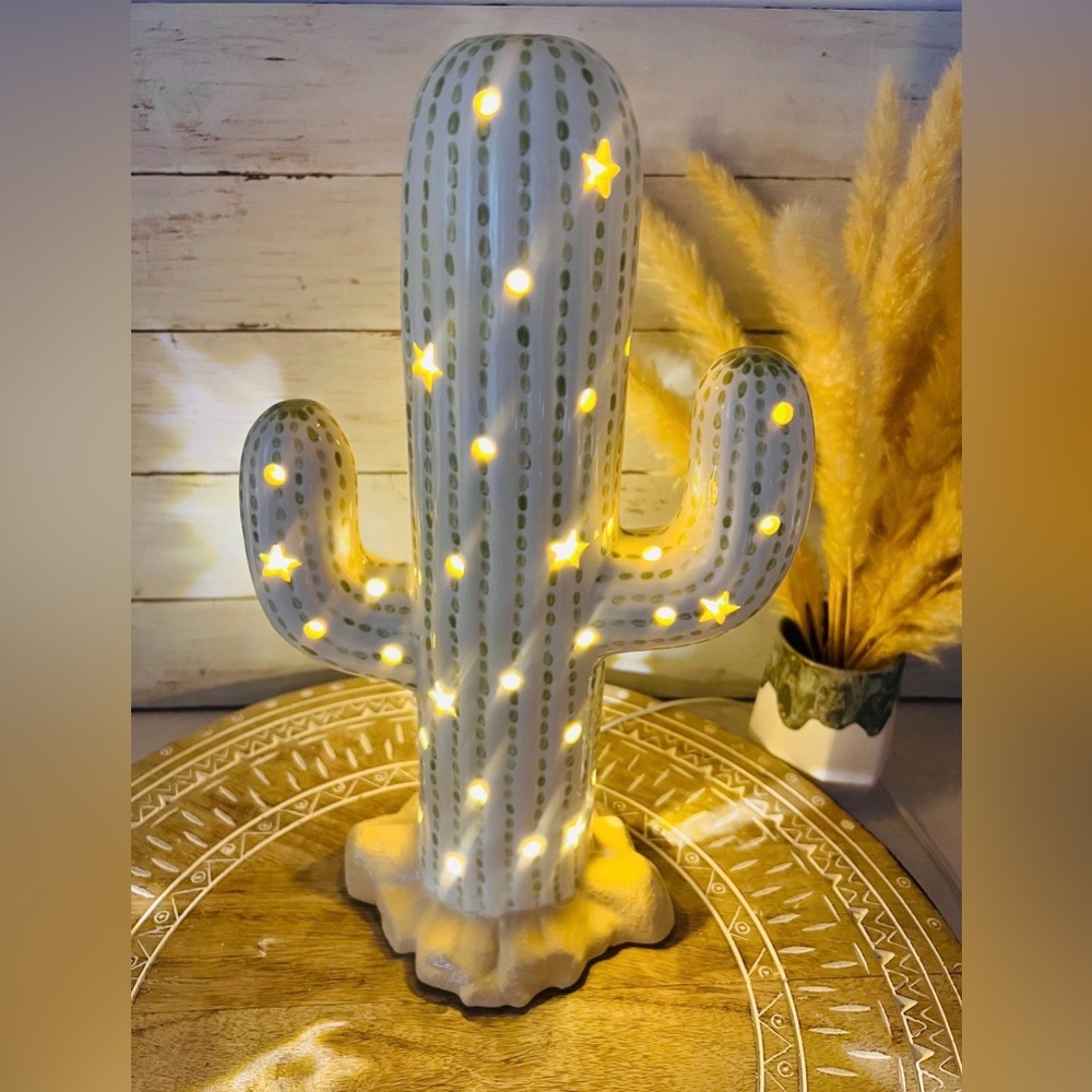 15” Light-Up Corded Ceramic Cactus Lamp in Cream/Sage Green - Picture 2 of 15